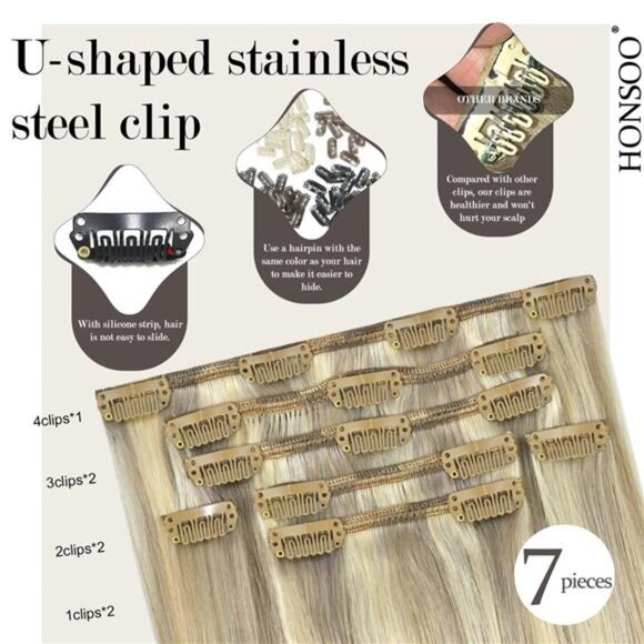 Clip In Real Human Hair Extensions 22 Inch 70g 7pcs Mixed Bleach Blonde - Picture 3 of 7